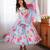 Blue silk blend printed flared gown set