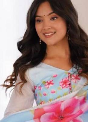 Blue silk blend printed flared gown set 3