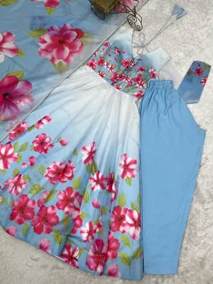 Blue silk blend printed flared gown set 4