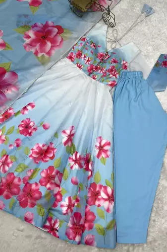 Blue silk blend printed flared gown set