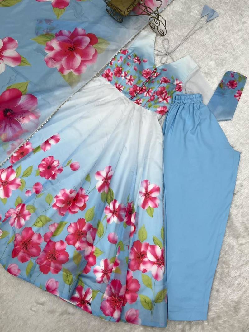 Blue silk blend printed flared gown set