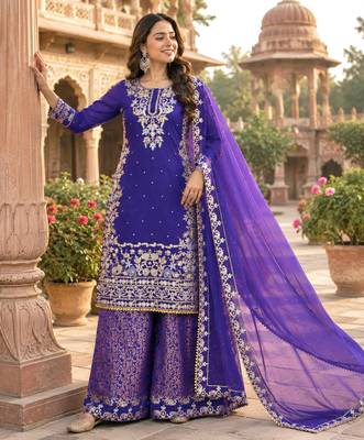 Purple cotton silk embroidered palazzo set 1