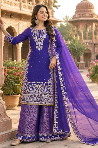 Purple cotton silk embroidered palazzo set