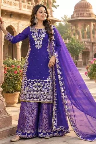 Purple cotton silk embroidered palazzo set