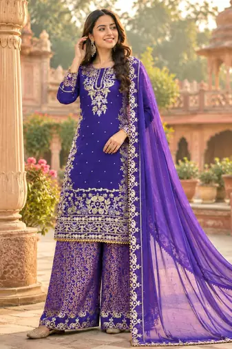Purple cotton silk embroidered palazzo set