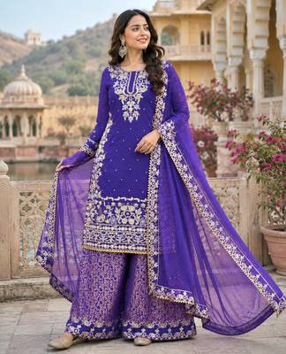 Purple cotton silk embroidered palazzo set 3