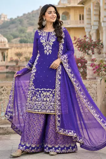 Purple cotton silk embroidered palazzo set