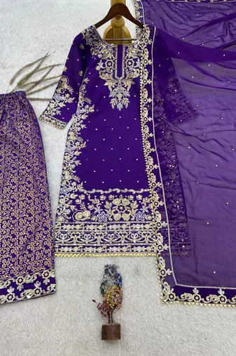 Purple cotton silk embroidered palazzo set