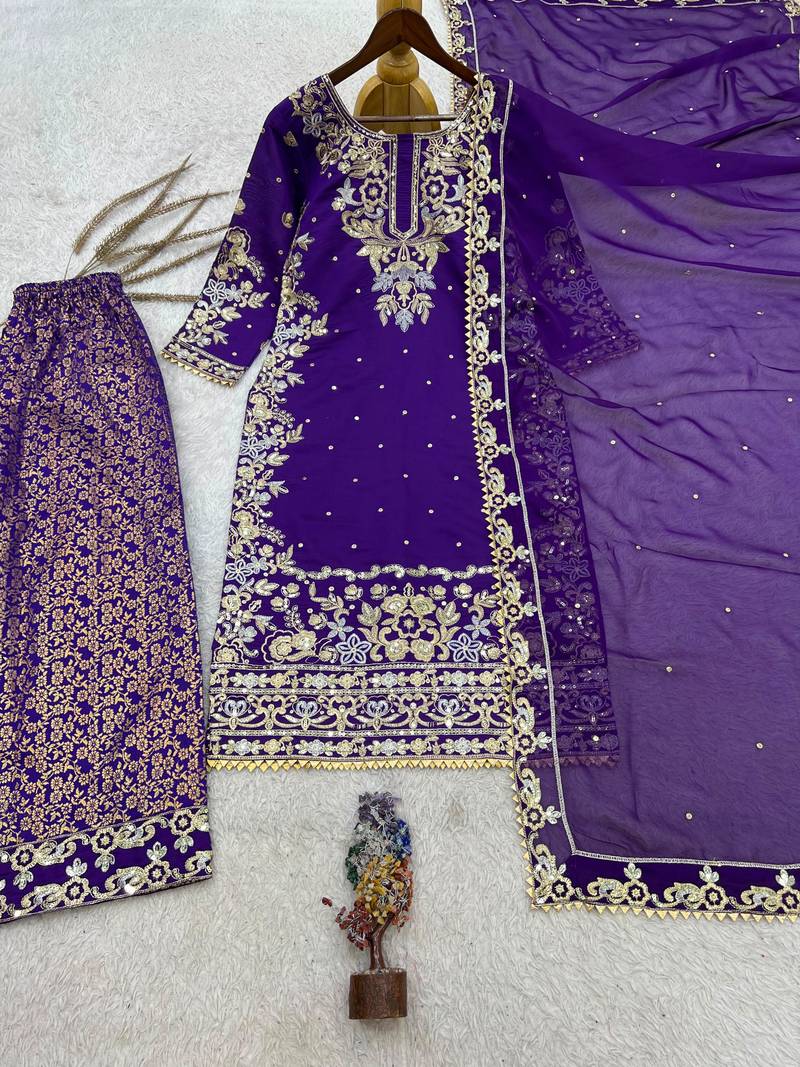 Purple cotton silk embroidered palazzo set