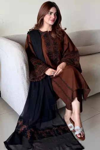 Brown silk blend embroidered kurta set