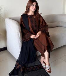 Brown silk blend embroidered kurta set
