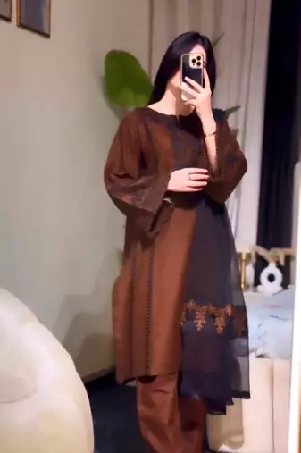 Brown silk blend embroidered kurta set