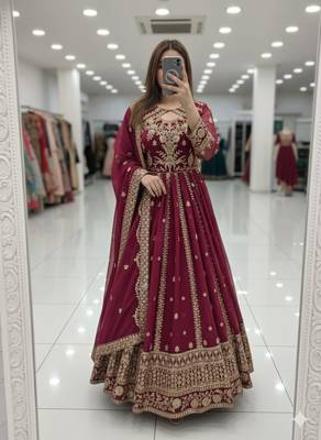 Magenta faux georgette embroidered flared gown set 1