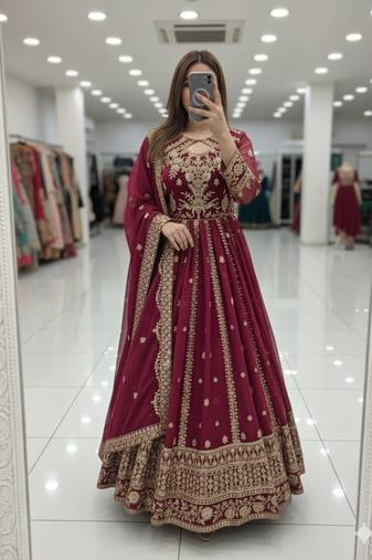 Magenta faux georgette embroidered flared gown set