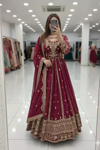 Magenta faux georgette embroidered flared gown set