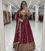 Magenta faux georgette embroidered flared gown set