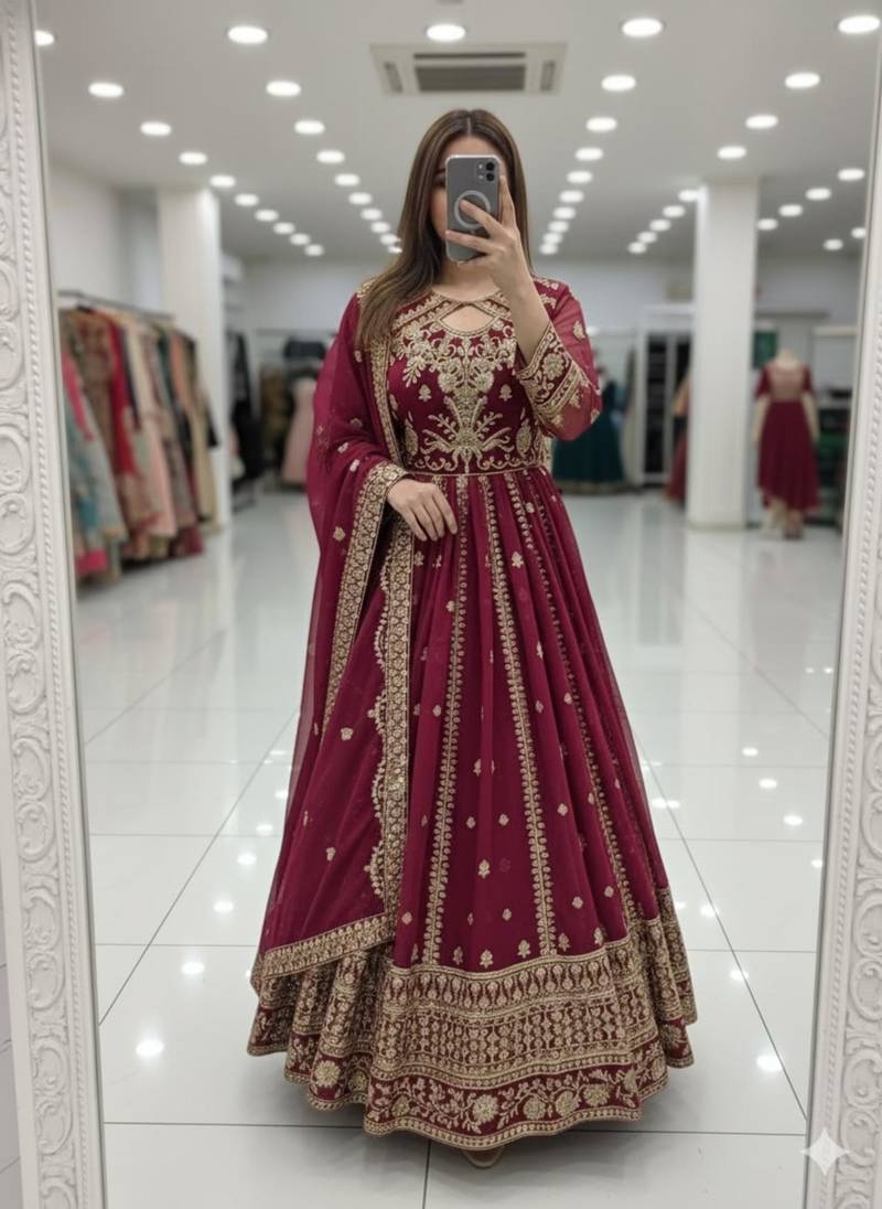 Magenta faux georgette embroidered flared gown set