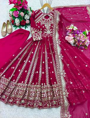 Magenta faux georgette embroidered flared gown set 3