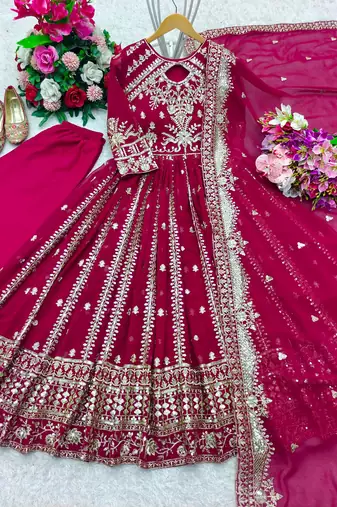 Magenta faux georgette embroidered flared gown set