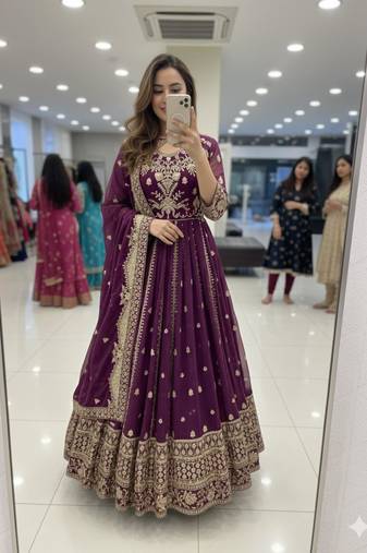 Purple faux georgette embroidered flared gown set