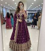 Purple faux georgette embroidered flared gown set