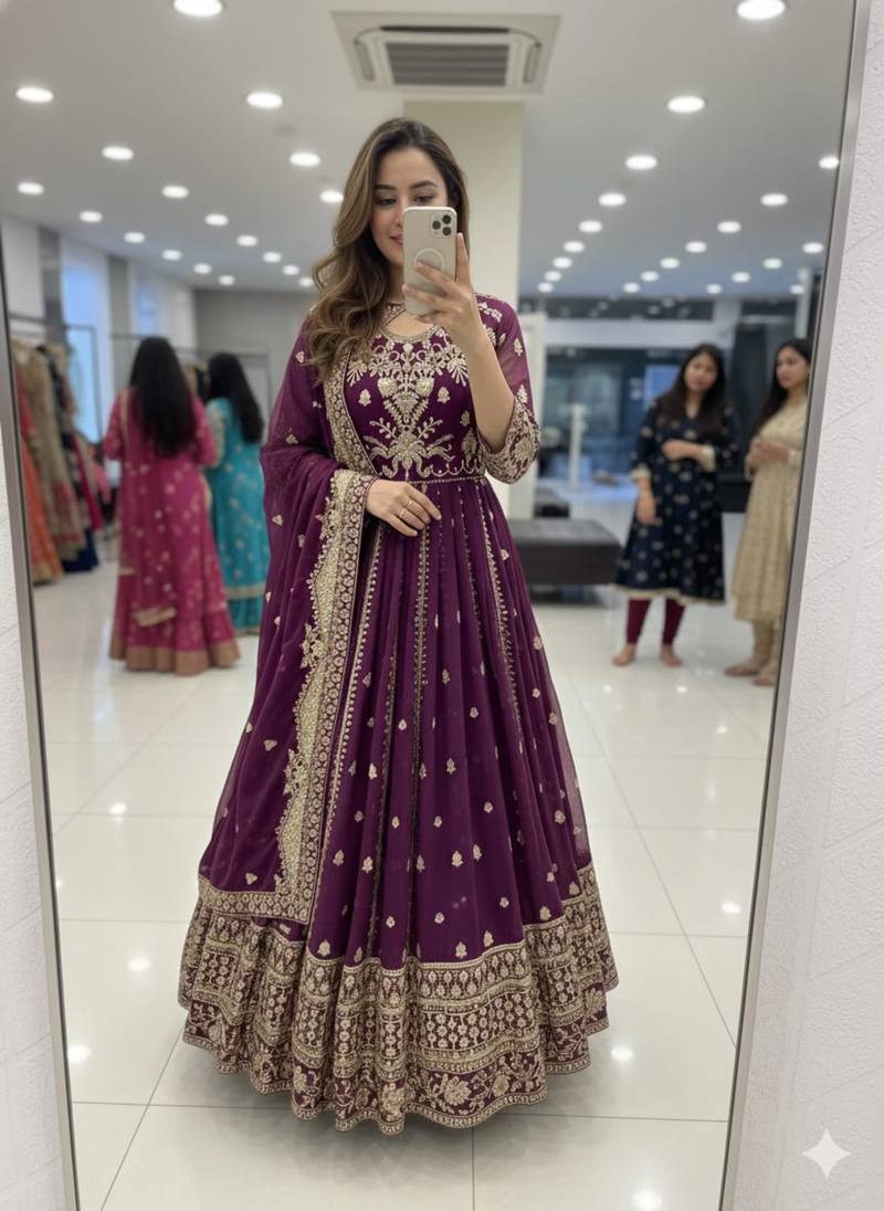 Purple faux georgette embroidered flared gown set