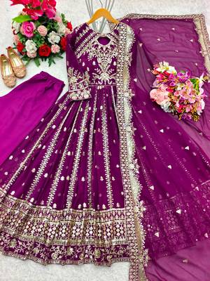 Purple faux georgette embroidered flared gown set 2