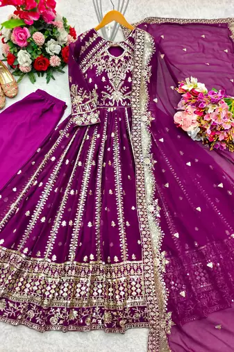 Purple faux georgette embroidered flared gown set