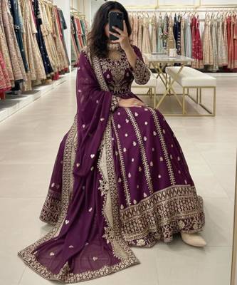 Purple faux georgette embroidered flared gown set 3