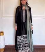 Black silk blend embroidered kurta set