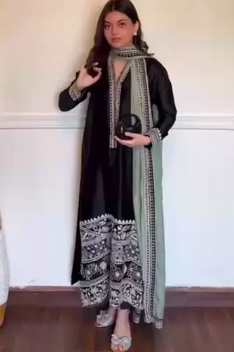 Black silk blend embroidered kurta set