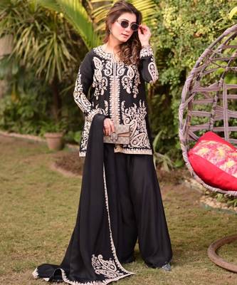 Black faux georgette embroidered farshi plazzo set 1