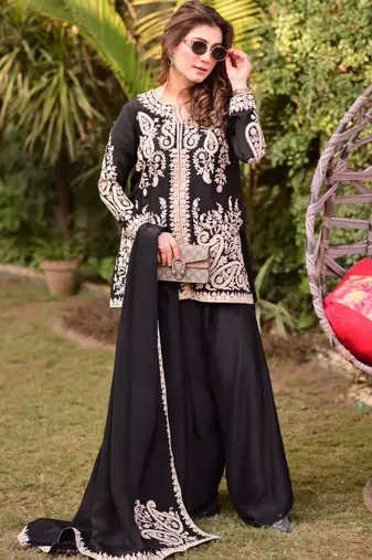 Black faux georgette embroidered farshi plazzo set