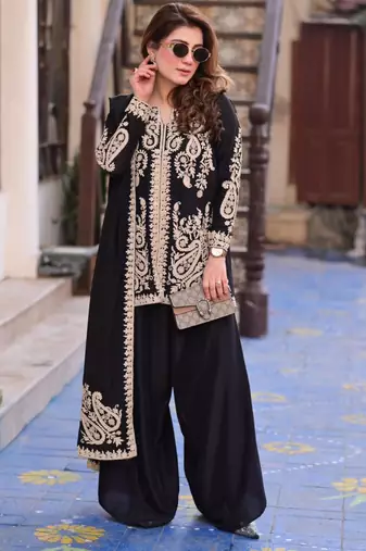Black faux georgette embroidered farshi plazzo set