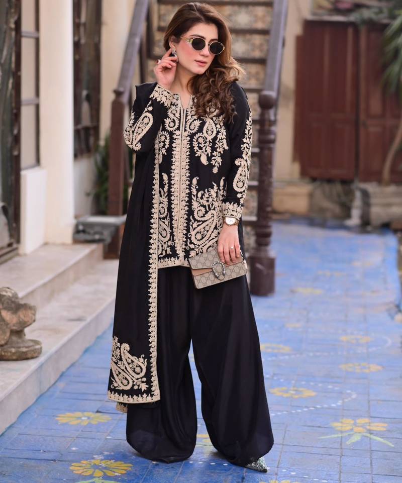 Black faux georgette embroidered farshi plazzo set