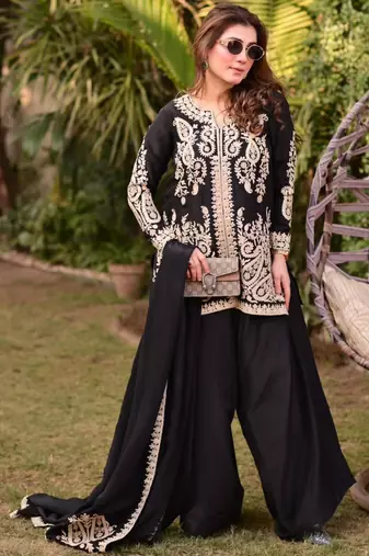Black faux georgette embroidered farshi plazzo set
