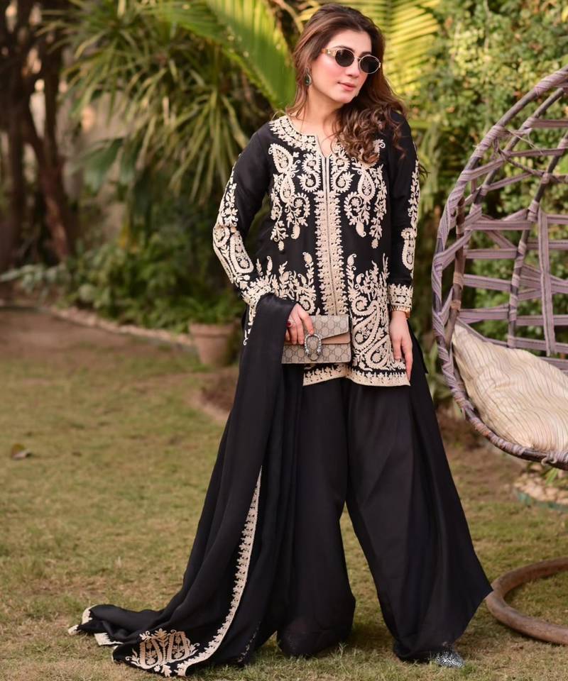 Black faux georgette embroidered farshi plazzo set