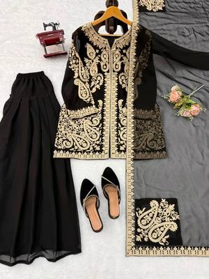Black faux georgette embroidered farshi plazzo set 4
