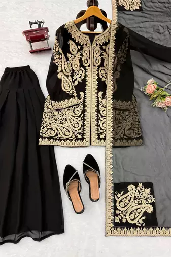 Black faux georgette embroidered farshi plazzo set