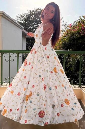 Off-white silk blend embroidered flared gown set