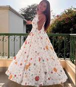 Off-white silk blend embroidered flared gown set