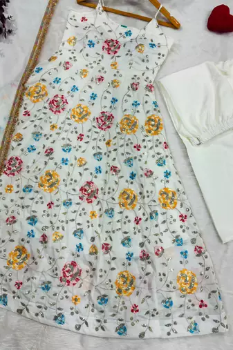 Off-white silk blend embroidered flared gown set