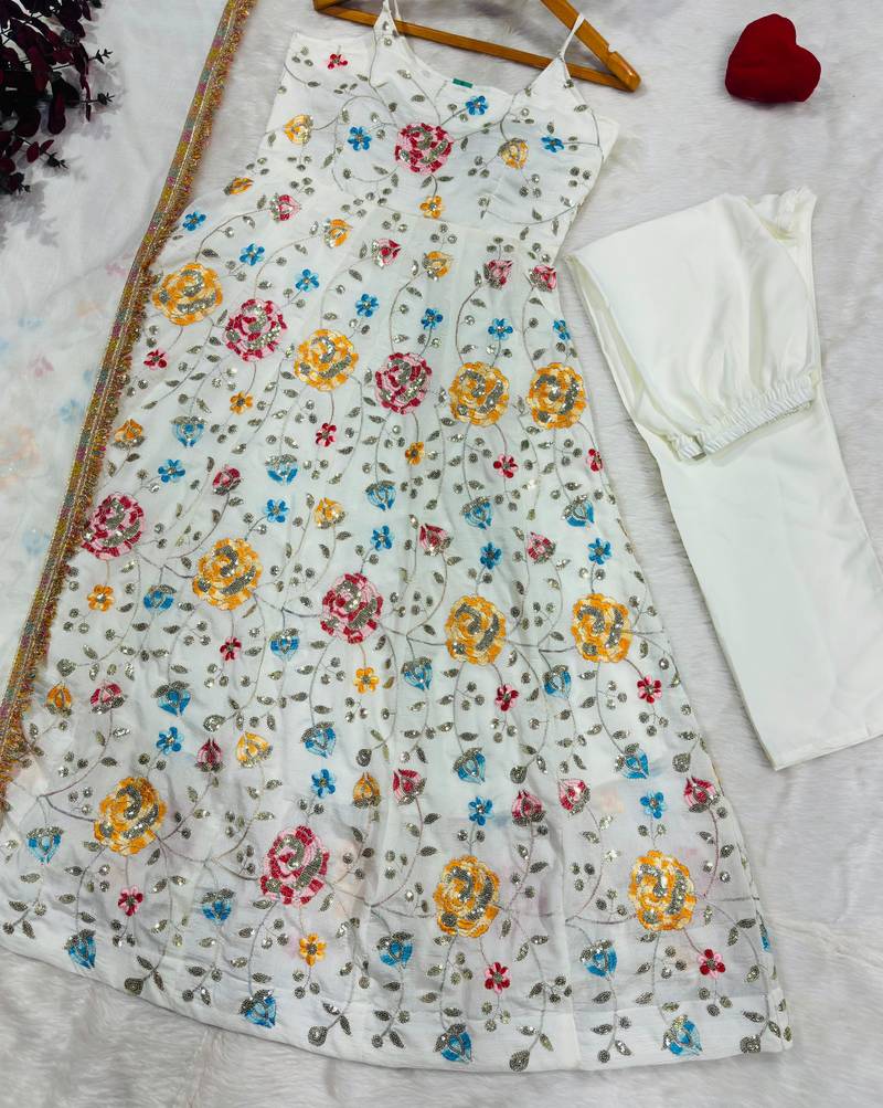 Off-white silk blend embroidered flared gown set