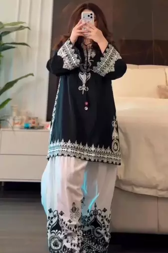 Black silk blend embroidered farshi salwar set