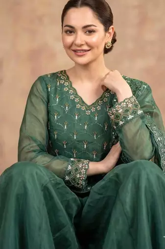 Green silk blend embroidered palazzo set