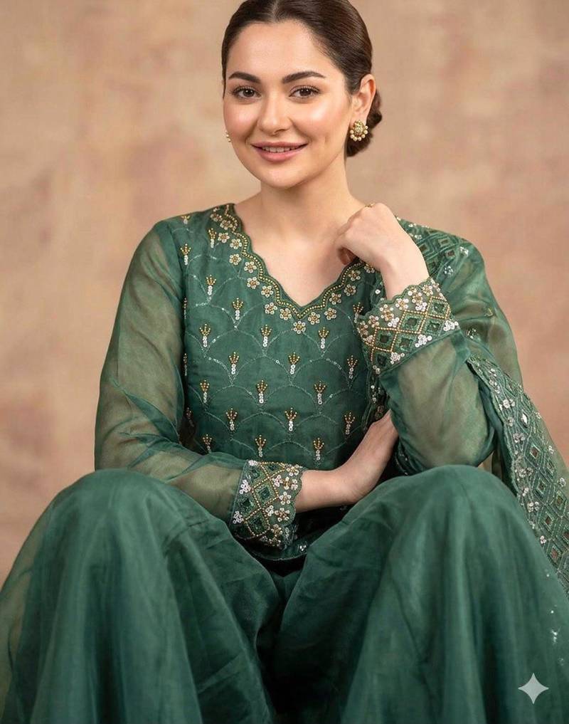 Green silk blend embroidered palazzo set