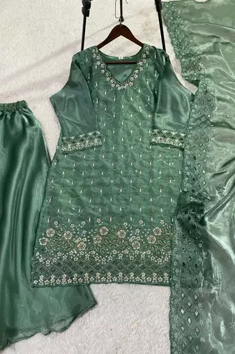 Green silk blend embroidered palazzo set
