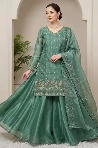 Green silk blend embroidered palazzo set