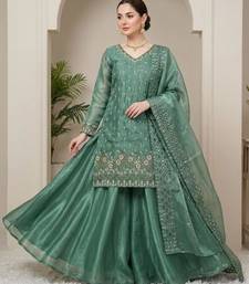 Green silk blend embroidered palazzo set