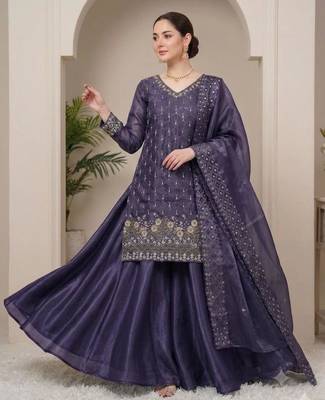 Purple silk blend embroidered palazzo set 1